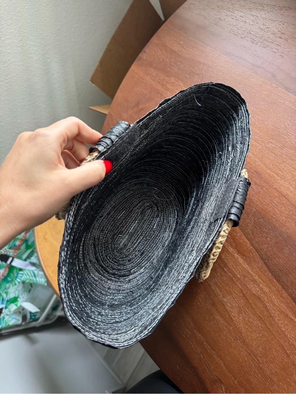 Black Woven Tote with Natural Ring Handles